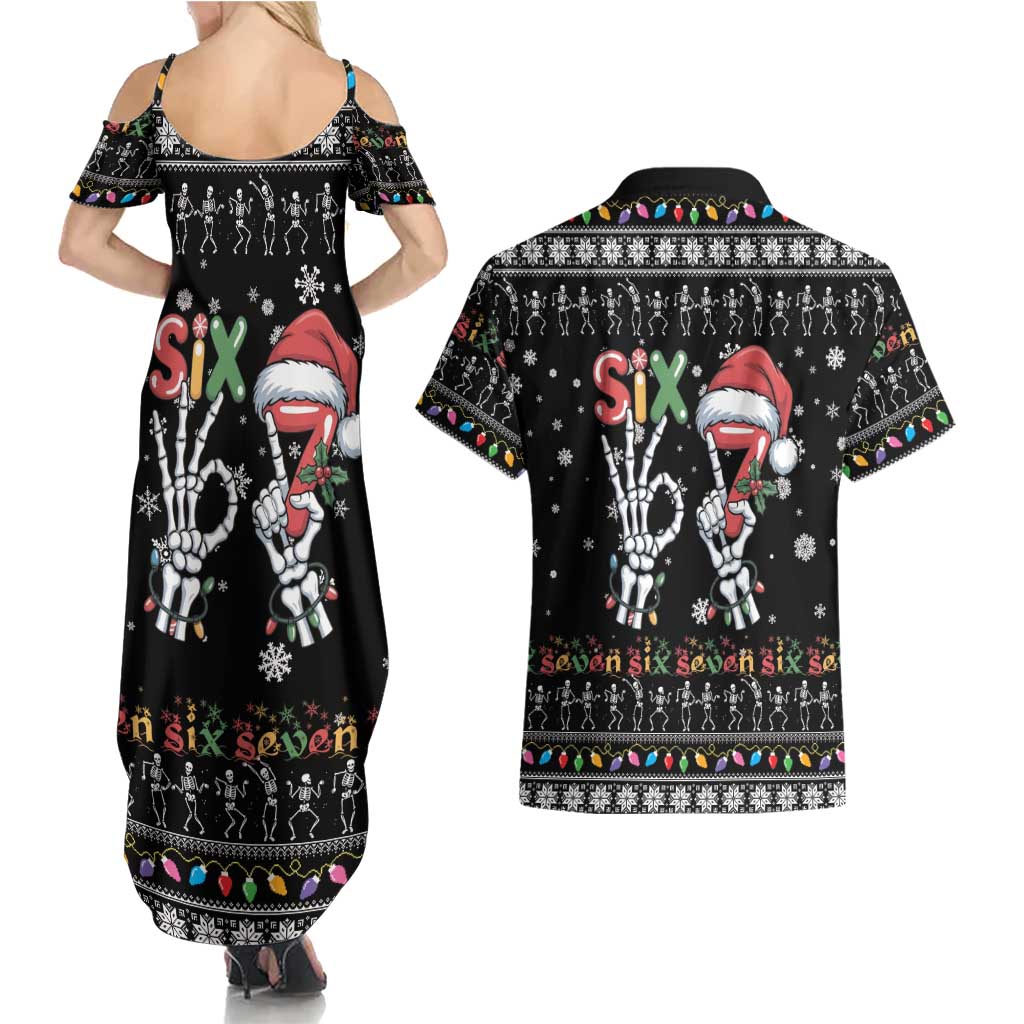 Six Seven Funny Skeleton Fingers Christmas Couples Matching Summer Maxi Dress and Hawaiian Shirt Creepy Santa Skeleton Hands - Wonder Print Shop
