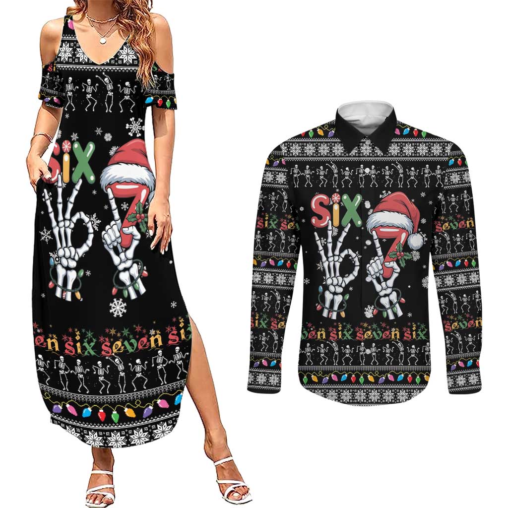 Six Seven Funny Skeleton Fingers Christmas Couples Matching Summer Maxi Dress and Long Sleeve Button Shirt Creepy Santa Skeleton Hands - Wonder Print Shop