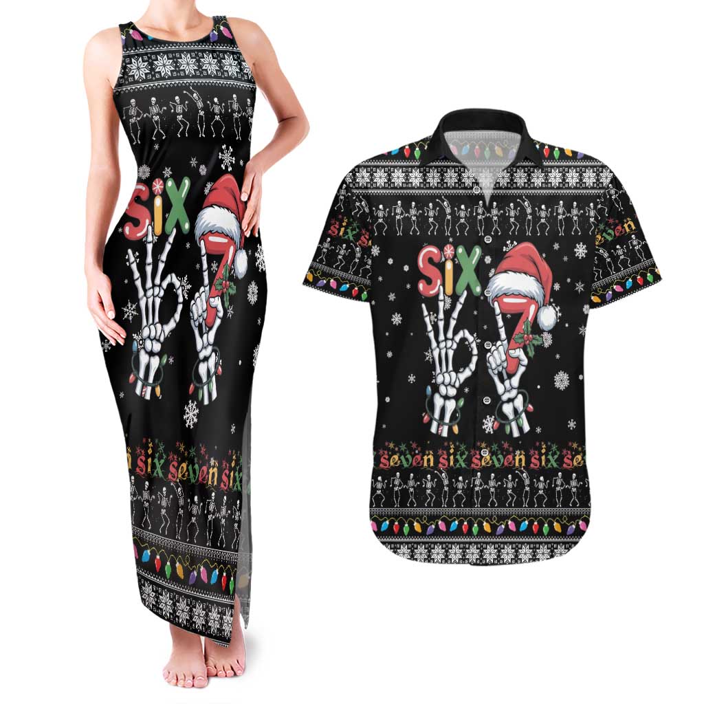 Six Seven Funny Skeleton Fingers Christmas Couples Matching Tank Maxi Dress and Hawaiian Shirt Creepy Santa Skeleton Hands - Wonder Print Shop