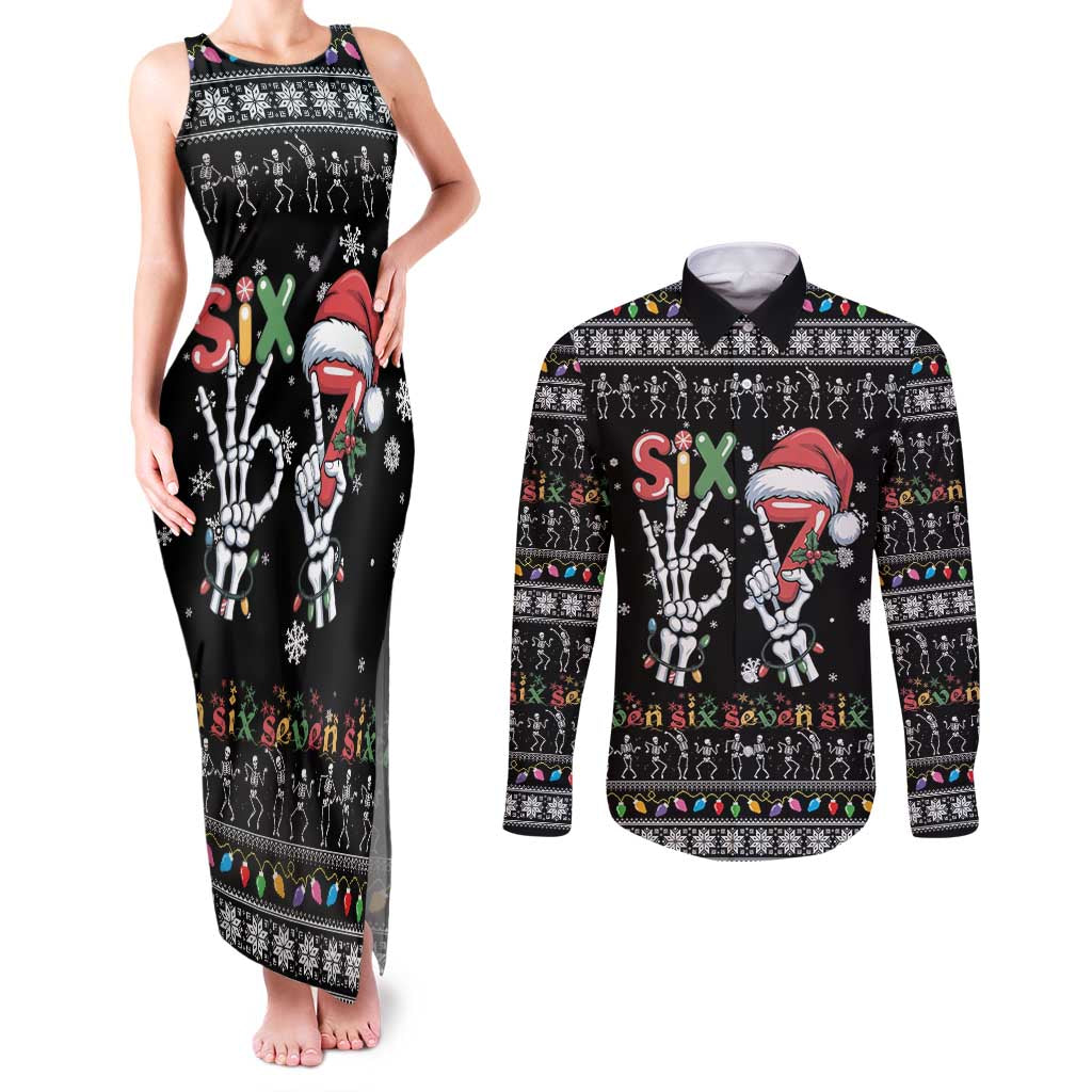 Six Seven Funny Skeleton Fingers Christmas Couples Matching Tank Maxi Dress and Long Sleeve Button Shirt Creepy Santa Skeleton Hands - Wonder Print Shop