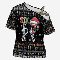 Six Seven Funny Skeleton Fingers Christmas Cross Shoulder Shirt Creepy Santa Skeleton Hands - Wonder Print Shop