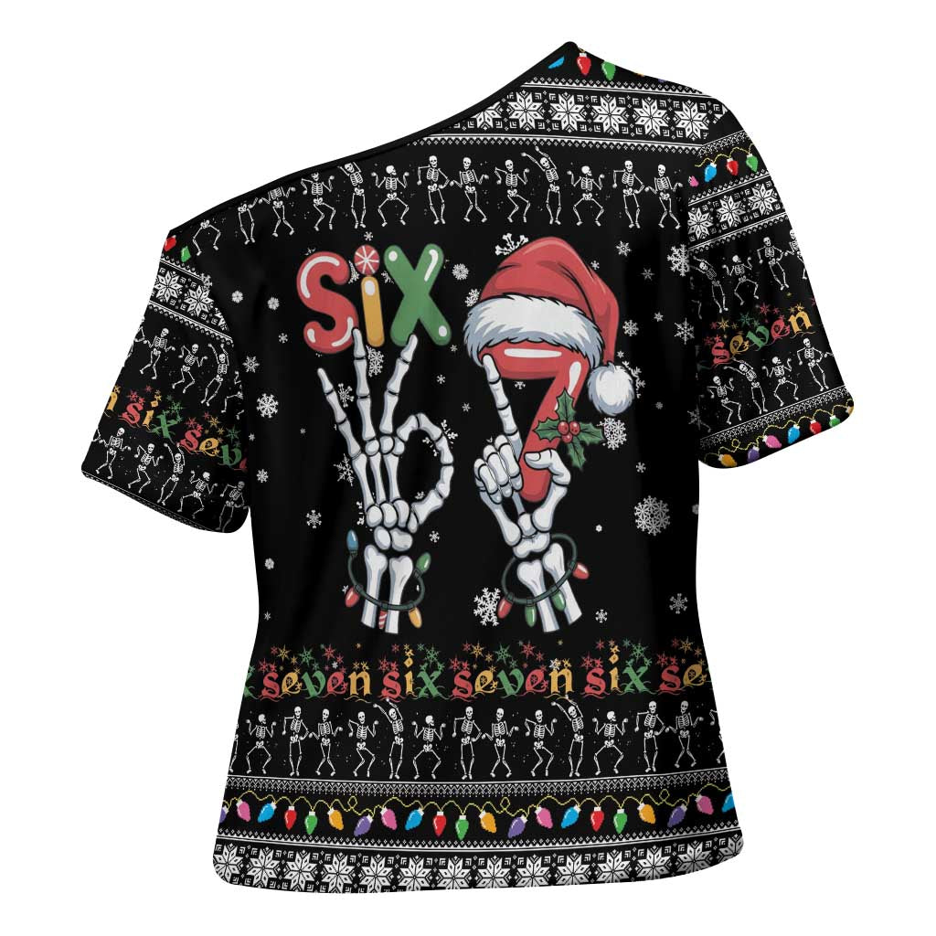 Six Seven Funny Skeleton Fingers Christmas Cross Shoulder Shirt Creepy Santa Skeleton Hands - Wonder Print Shop