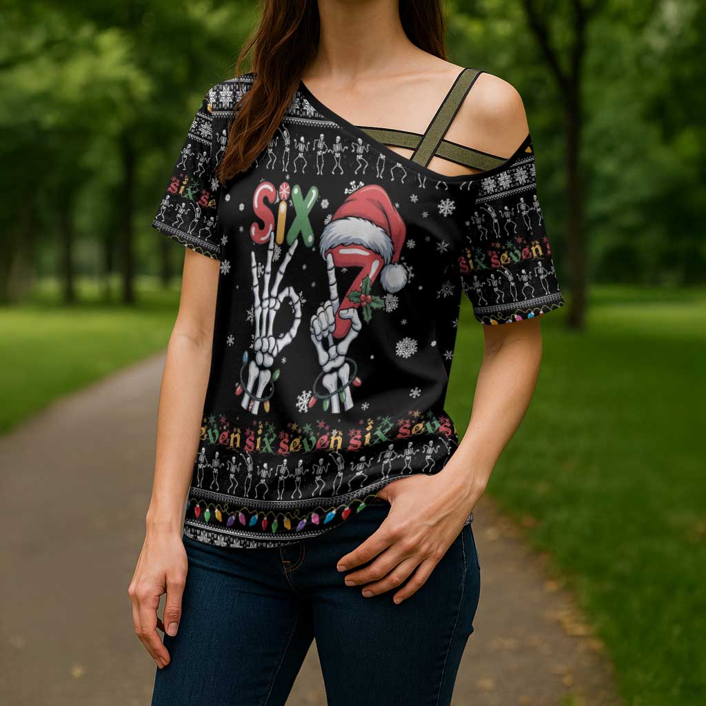 Six Seven Funny Skeleton Fingers Christmas Cross Shoulder Shirt Creepy Santa Skeleton Hands - Wonder Print Shop