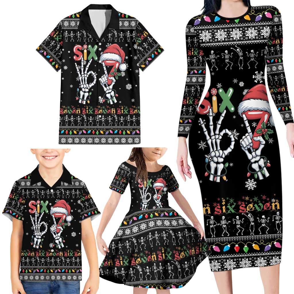 Six Seven Funny Skeleton Fingers Christmas Family Matching Long Sleeve Bodycon Dress and Hawaiian Shirt Creepy Santa Skeleton Hands - Wonder Print Shop