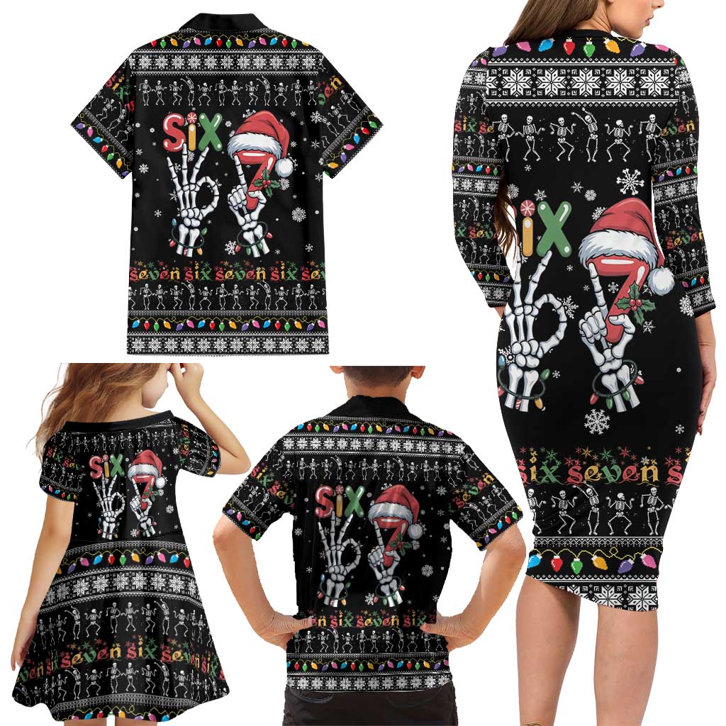 Six Seven Funny Skeleton Fingers Christmas Family Matching Long Sleeve Bodycon Dress and Hawaiian Shirt Creepy Santa Skeleton Hands - Wonder Print Shop