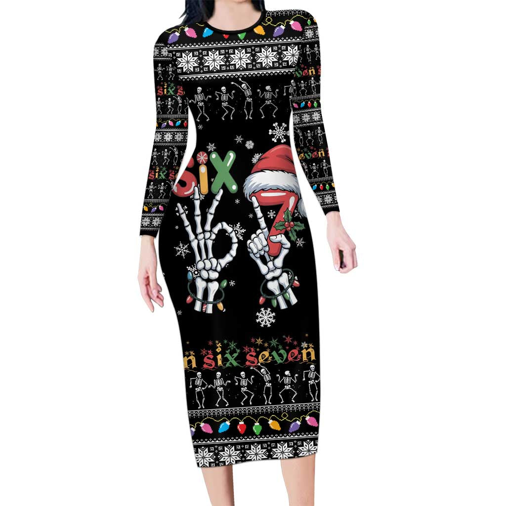 Six Seven Funny Skeleton Fingers Christmas Family Matching Long Sleeve Bodycon Dress and Hawaiian Shirt Creepy Santa Skeleton Hands - Wonder Print Shop