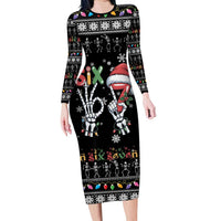 Six Seven Funny Skeleton Fingers Christmas Family Matching Long Sleeve Bodycon Dress and Hawaiian Shirt Creepy Santa Skeleton Hands - Wonder Print Shop