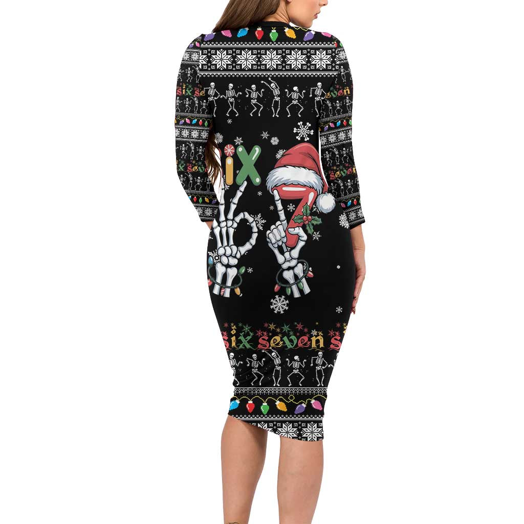 Six Seven Funny Skeleton Fingers Christmas Family Matching Long Sleeve Bodycon Dress and Hawaiian Shirt Creepy Santa Skeleton Hands - Wonder Print Shop