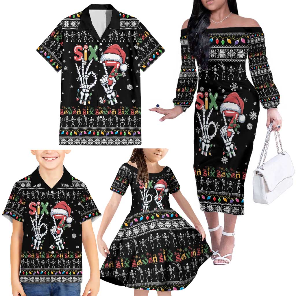 Six Seven Funny Skeleton Fingers Christmas Family Matching Off The Shoulder Long Sleeve Dress and Hawaiian Shirt Creepy Santa Skeleton Hands - Wonder Print Shop