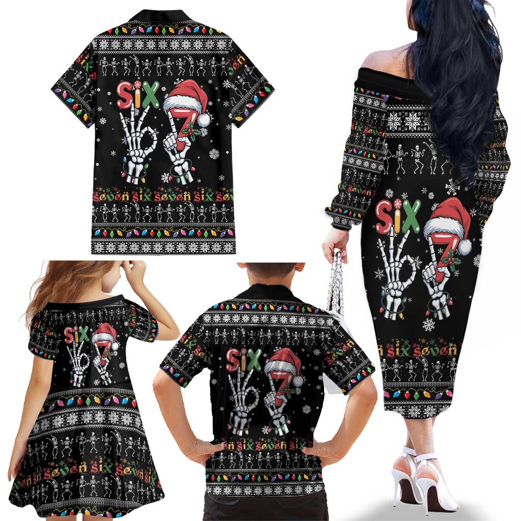 Six Seven Funny Skeleton Fingers Christmas Family Matching Off The Shoulder Long Sleeve Dress and Hawaiian Shirt Creepy Santa Skeleton Hands - Wonder Print Shop
