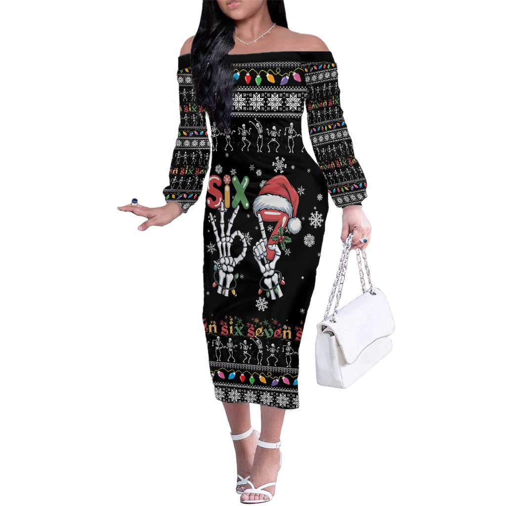Six Seven Funny Skeleton Fingers Christmas Family Matching Off The Shoulder Long Sleeve Dress and Hawaiian Shirt Creepy Santa Skeleton Hands - Wonder Print Shop