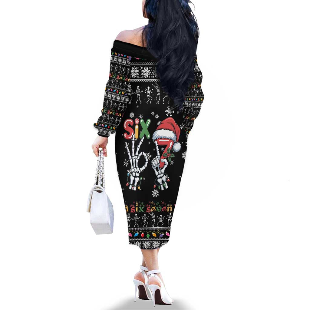 Six Seven Funny Skeleton Fingers Christmas Family Matching Off The Shoulder Long Sleeve Dress and Hawaiian Shirt Creepy Santa Skeleton Hands - Wonder Print Shop