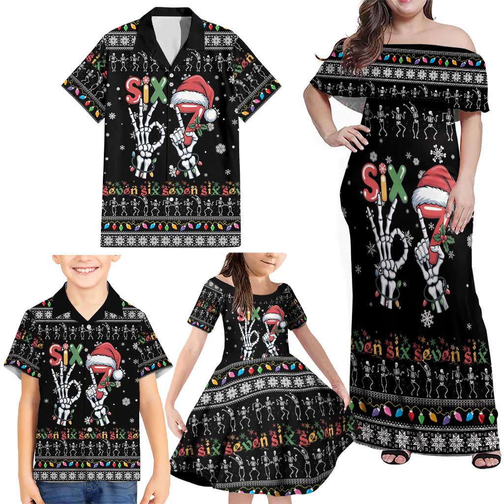 Six Seven Funny Skeleton Fingers Christmas Family Matching Off Shoulder Maxi Dress and Hawaiian Shirt Creepy Santa Skeleton Hands - Wonder Print Shop