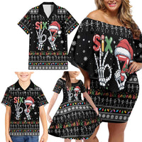 Six Seven Funny Skeleton Fingers Christmas Family Matching Off Shoulder Short Dress and Hawaiian Shirt Creepy Santa Skeleton Hands - Wonder Print Shop