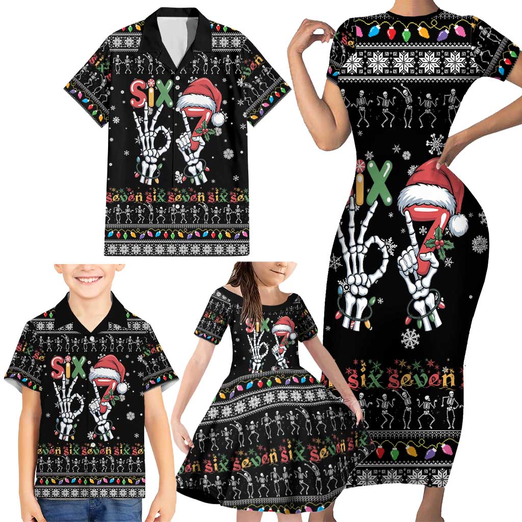 Six Seven Funny Skeleton Fingers Christmas Family Matching Short Sleeve Bodycon Dress and Hawaiian Shirt Creepy Santa Skeleton Hands - Wonder Print Shop