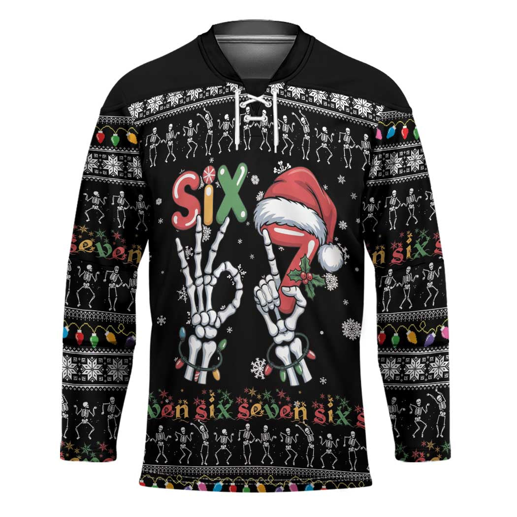 Six Seven Funny Skeleton Fingers Christmas Hockey Jersey Creepy Santa Skeleton Hands - Wonder Print Shop