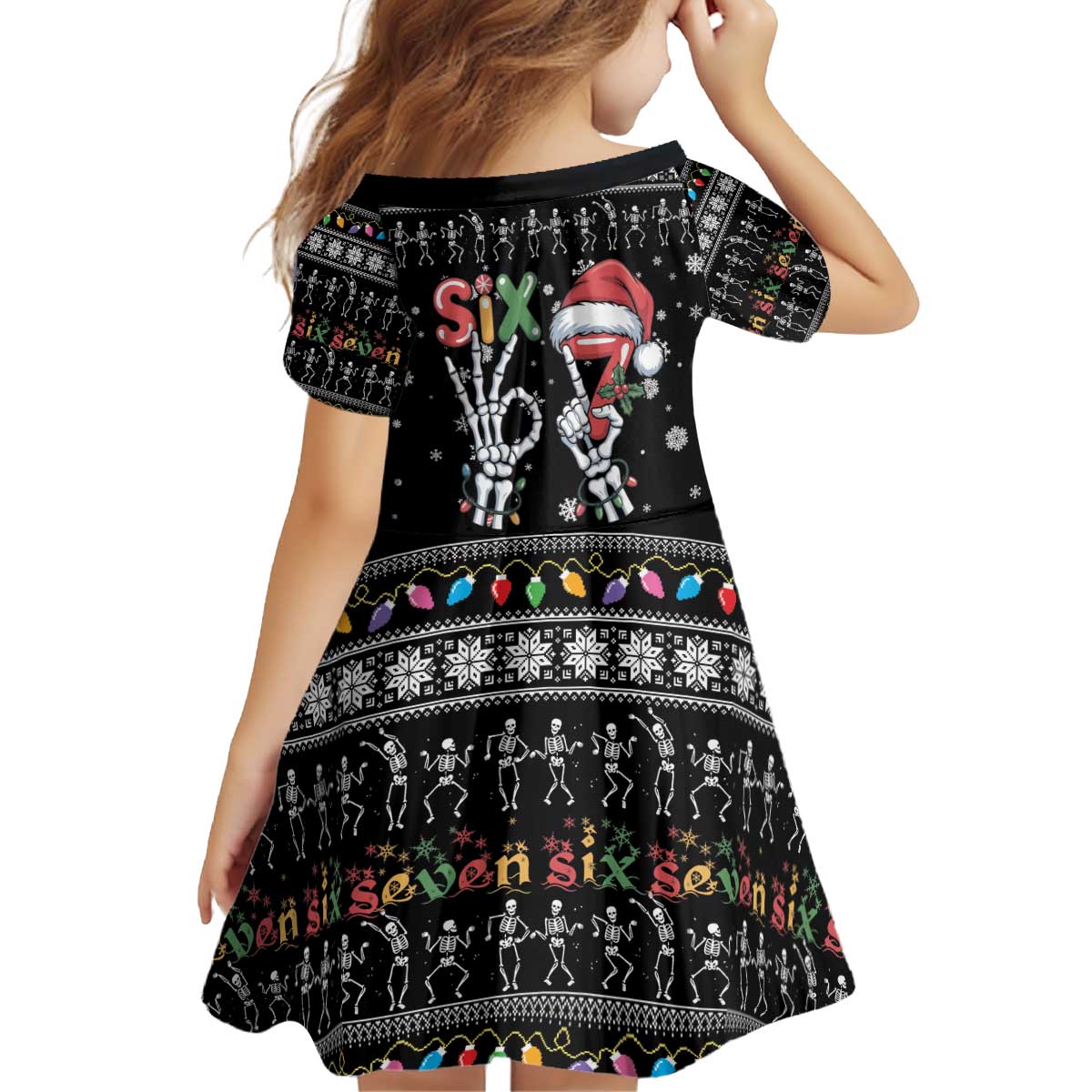 Six Seven Funny Skeleton Fingers Christmas Kid Short Sleeve Dress Creepy Santa Skeleton Hands - Wonder Print Shop