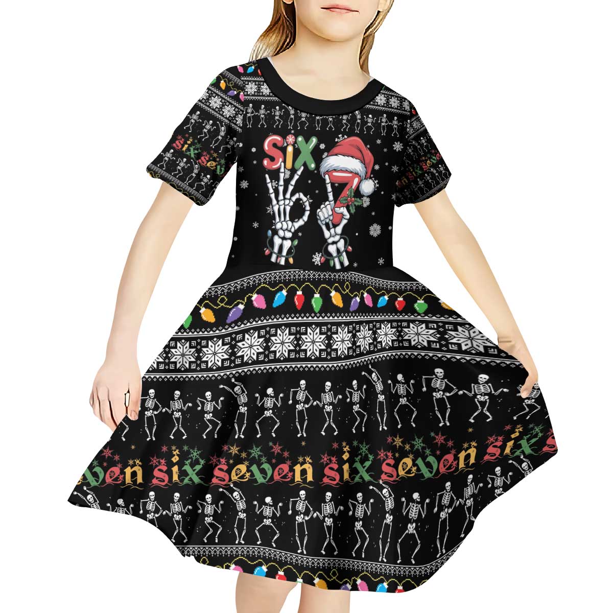 Six Seven Funny Skeleton Fingers Christmas Kid Short Sleeve Dress Creepy Santa Skeleton Hands - Wonder Print Shop