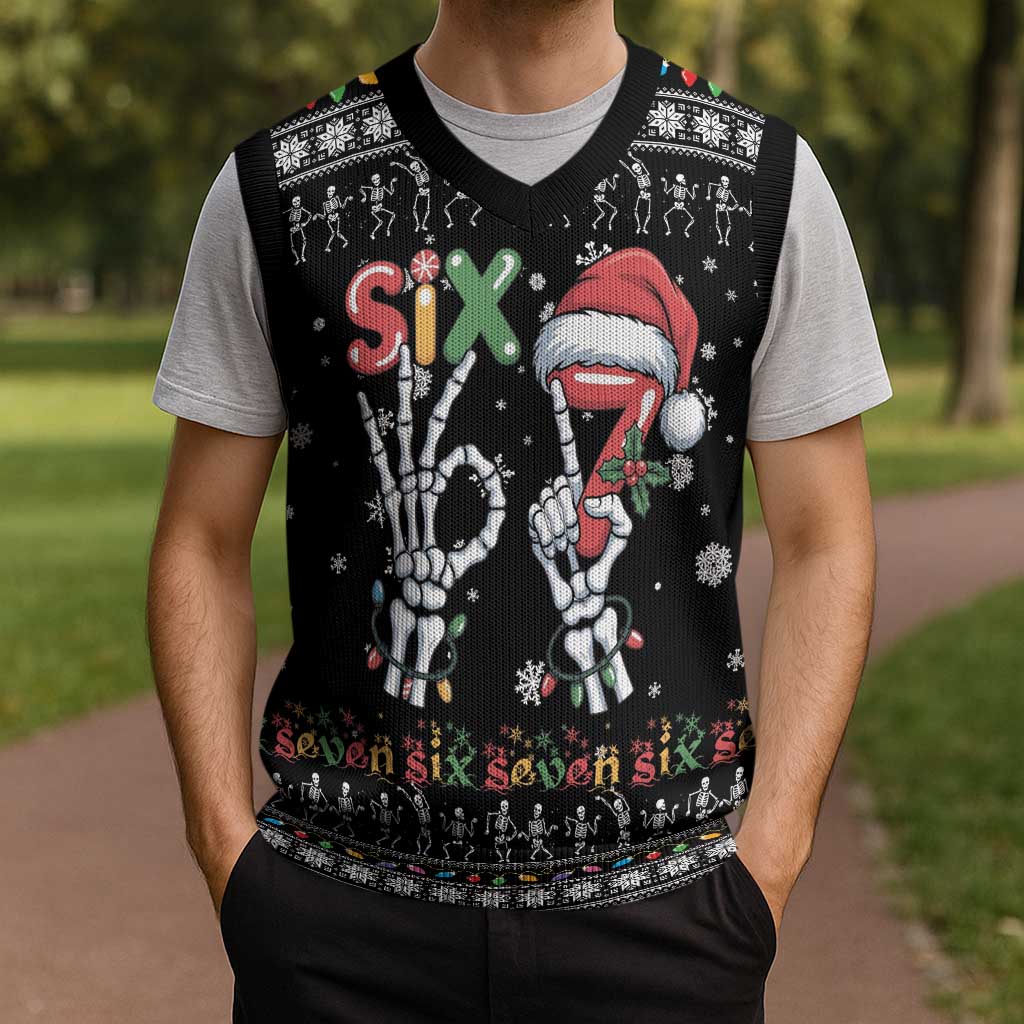 Six Seven Funny Skeleton Fingers Christmas Knitted V-Neck Vest Creepy Santa Skeleton Hands - Wonder Print Shop