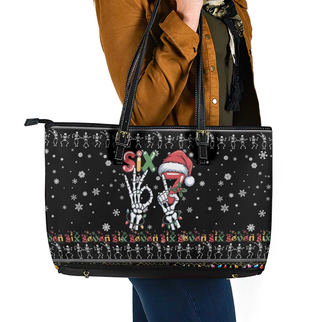 Six Seven Funny Skeleton Fingers Christmas Leather Tote Bag Creepy Santa Skeleton Hands - Wonder Print Shop