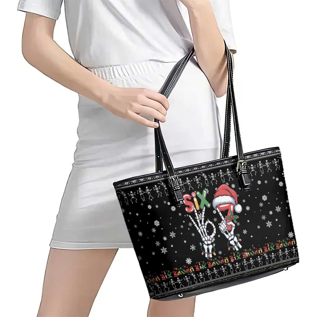 Six Seven Funny Skeleton Fingers Christmas Leather Tote Bag Creepy Santa Skeleton Hands - Wonder Print Shop