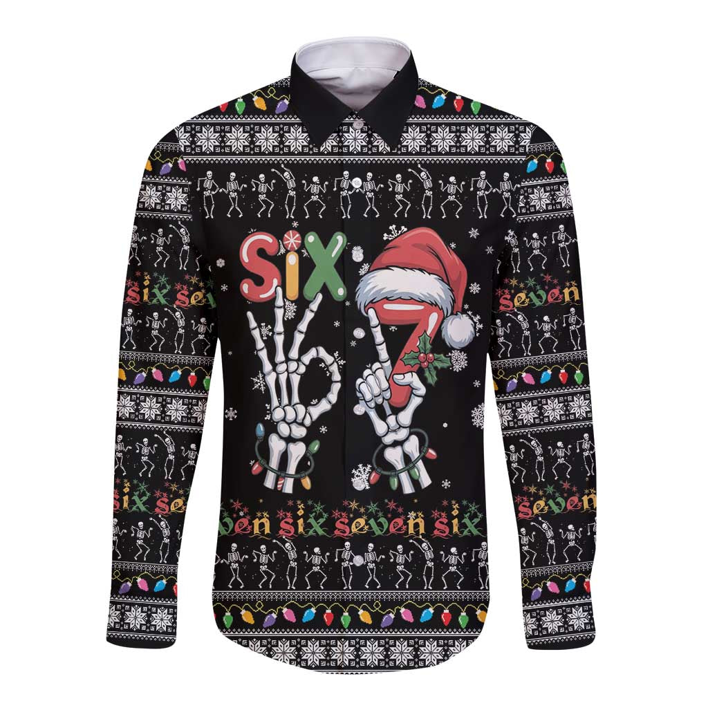 Six Seven Funny Skeleton Fingers Christmas Long Sleeve Button Shirt Creepy Santa Skeleton Hands - Wonder Print Shop