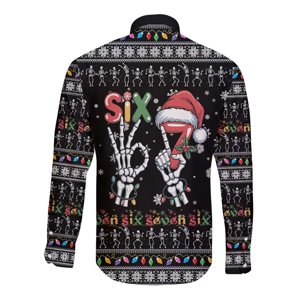 Six Seven Funny Skeleton Fingers Christmas Long Sleeve Button Shirt Creepy Santa Skeleton Hands - Wonder Print Shop