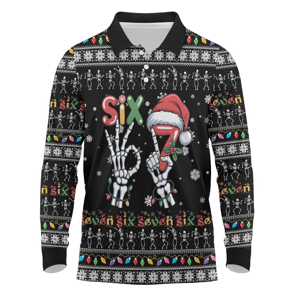 Six Seven Funny Skeleton Fingers Christmas Long Sleeve Polo Shirt Creepy Santa Skeleton Hands - Wonder Print Shop