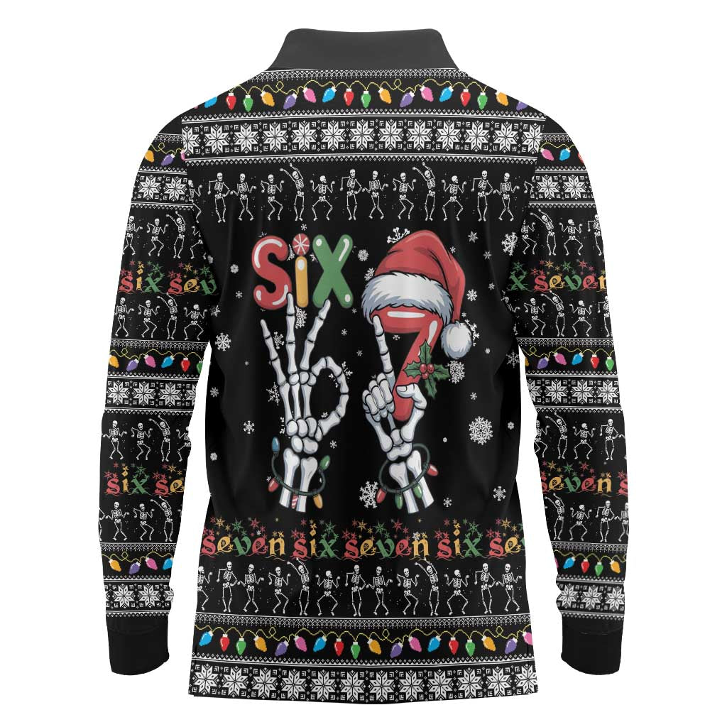 Six Seven Funny Skeleton Fingers Christmas Long Sleeve Polo Shirt Creepy Santa Skeleton Hands - Wonder Print Shop