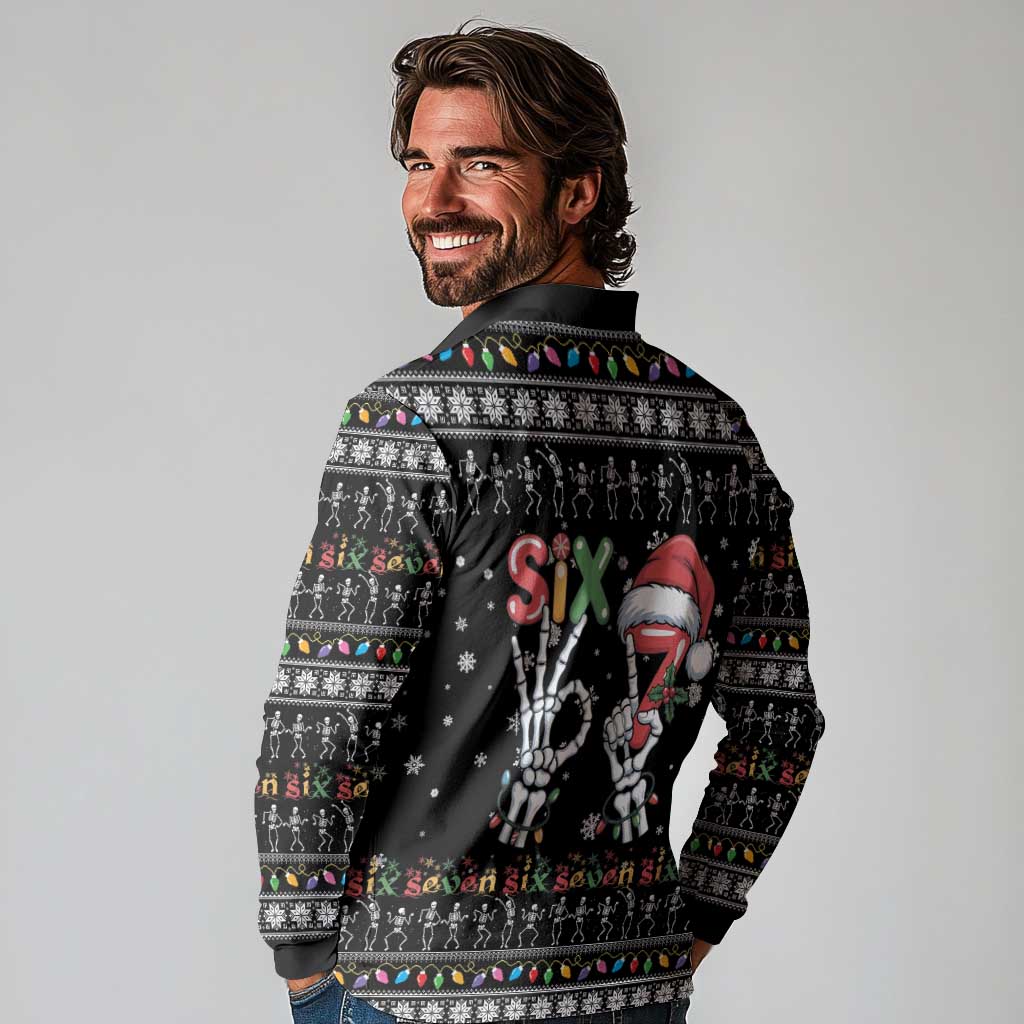 Six Seven Funny Skeleton Fingers Christmas Long Sleeve Polo Shirt Creepy Santa Skeleton Hands - Wonder Print Shop