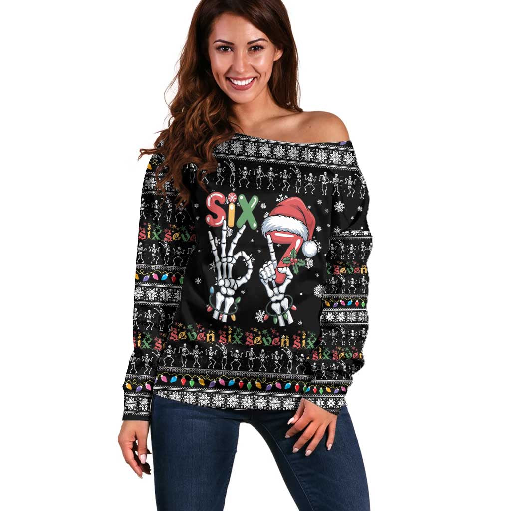 Six Seven Funny Skeleton Fingers Christmas Off Shoulder Sweater Creepy Santa Skeleton Hands - Wonder Print Shop