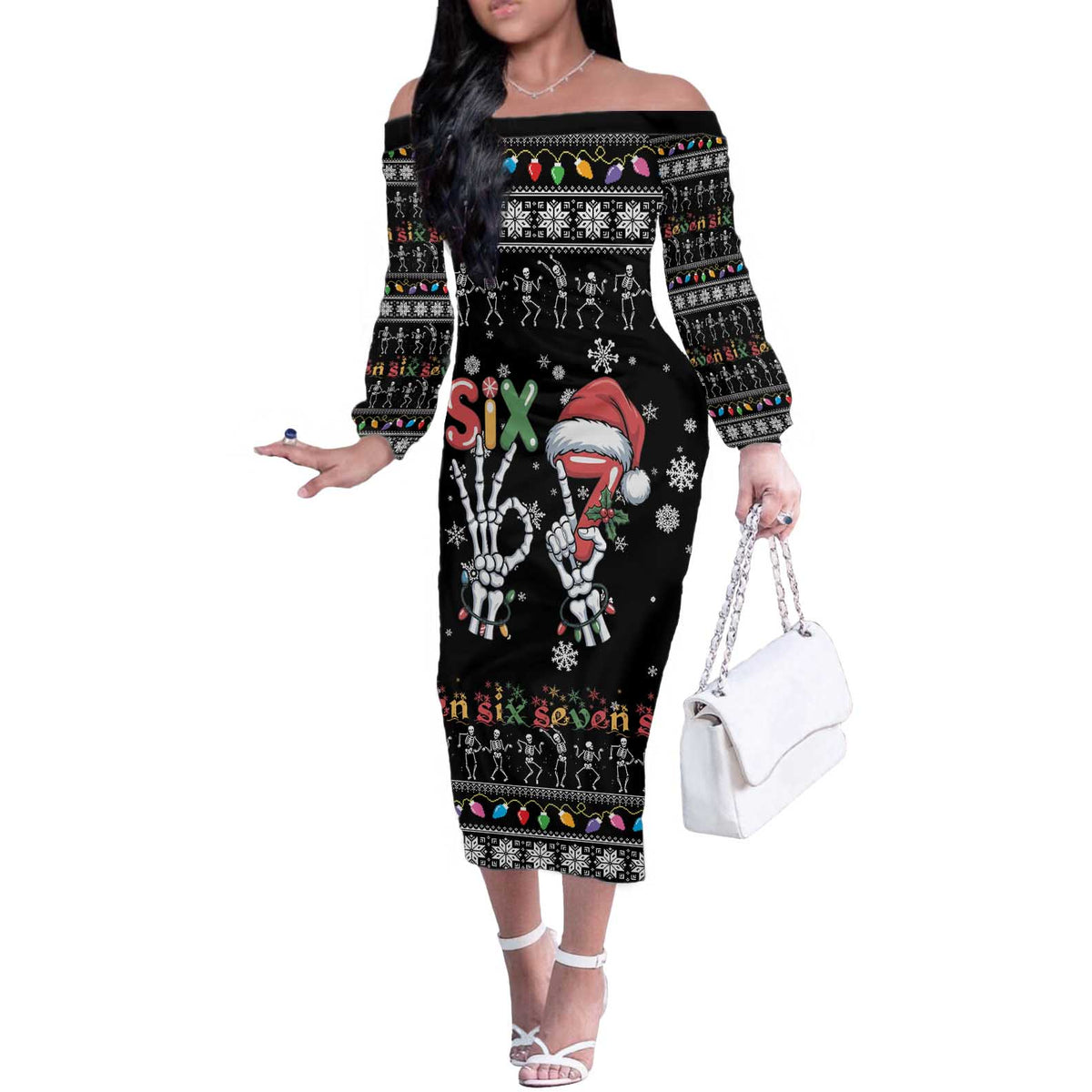 Six Seven Funny Skeleton Fingers Christmas Off The Shoulder Long Sleeve Dress Creepy Santa Skeleton Hands - Wonder Print Shop