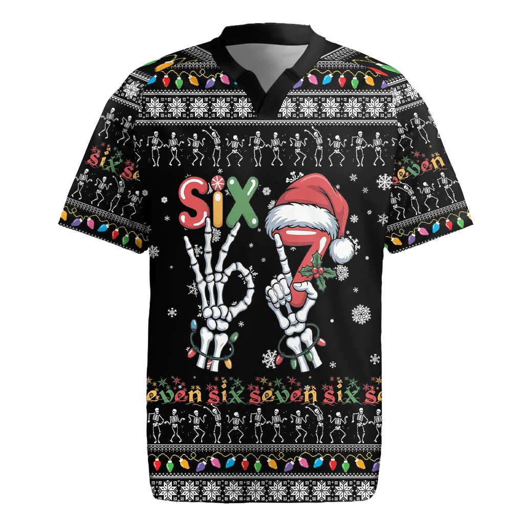Six Seven Funny Skeleton Fingers Christmas Rugby Jersey Creepy Santa Skeleton Hands - Wonder Print Shop