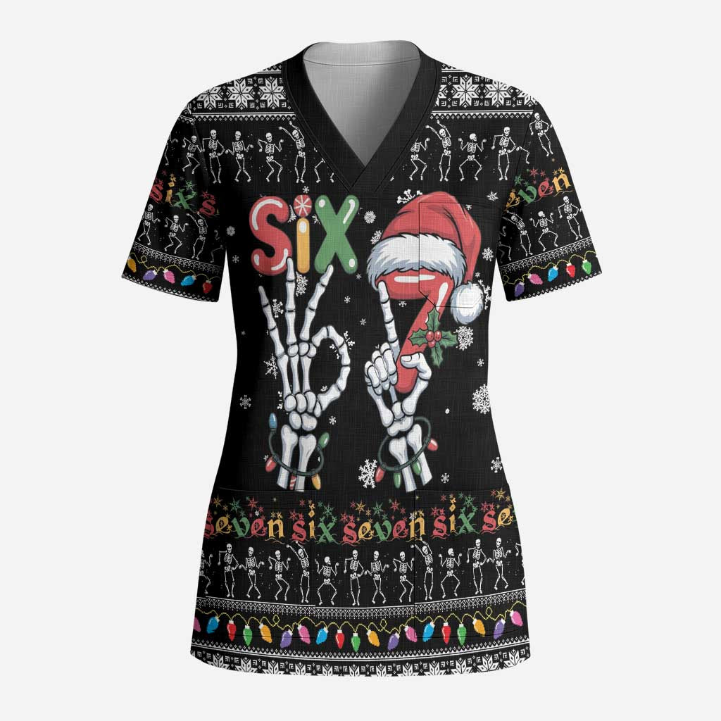 Six Seven Funny Skeleton Fingers Christmas Scrub Top Creepy Santa Skeleton Hands - Wonder Print Shop