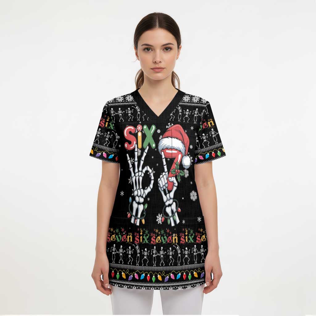 Six Seven Funny Skeleton Fingers Christmas Scrub Top Creepy Santa Skeleton Hands - Wonder Print Shop