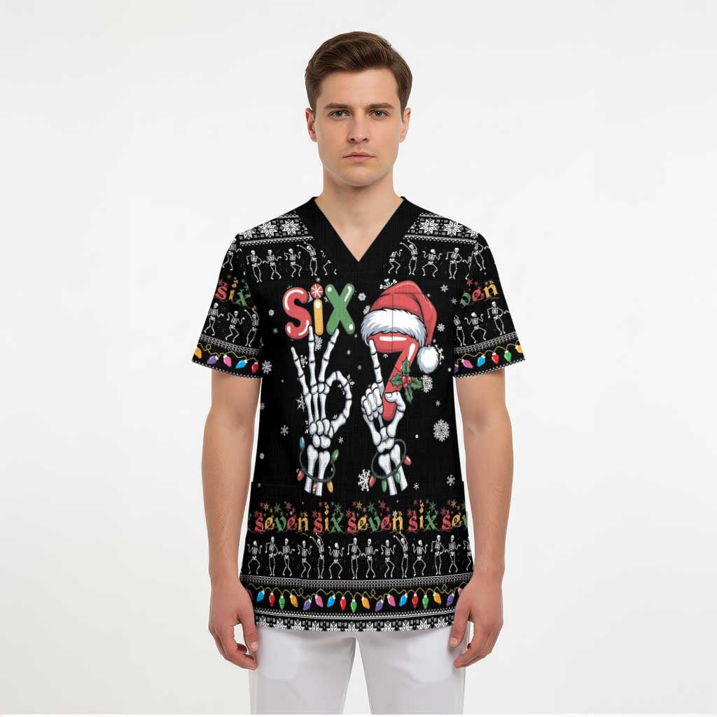 Six Seven Funny Skeleton Fingers Christmas Scrub Top Creepy Santa Skeleton Hands - Wonder Print Shop