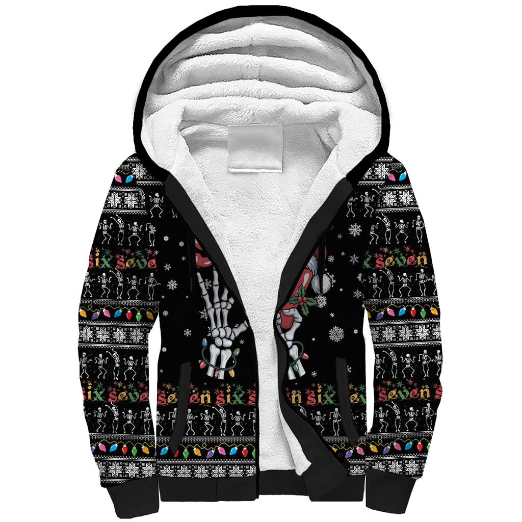 Six Seven Funny Skeleton Fingers Christmas Sherpa Hoodie Creepy Santa Skeleton Hands - Wonder Print Shop