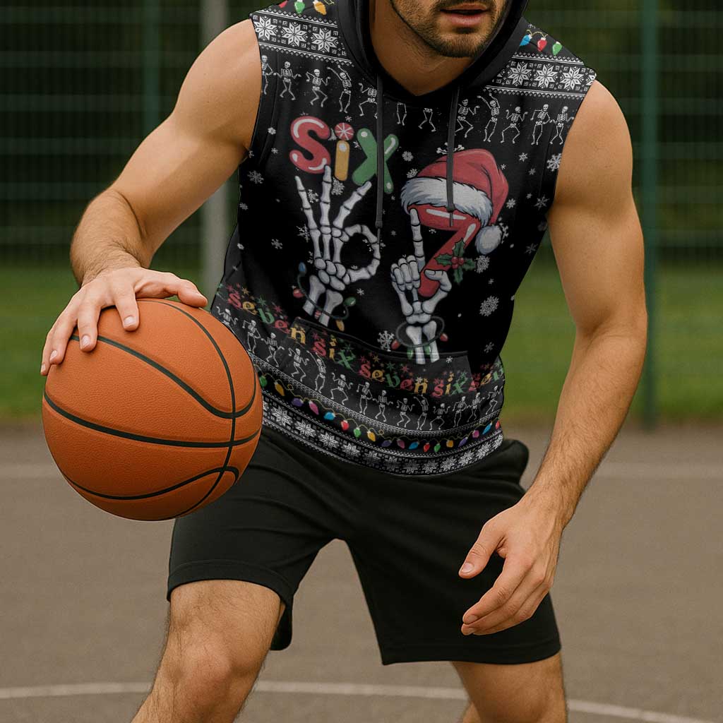 Six Seven Funny Skeleton Fingers Christmas Sleeveless Hoodie Creepy Santa Skeleton Hands - Wonder Print Shop