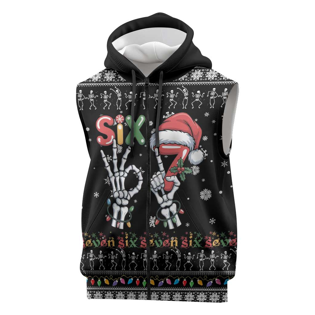 Six Seven Funny Skeleton Fingers Christmas Sleeveless Zip Hoodie Creepy Santa Skeleton Hands - Wonder Print Shop