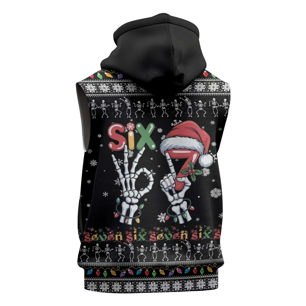 Six Seven Funny Skeleton Fingers Christmas Sleeveless Zip Hoodie Creepy Santa Skeleton Hands - Wonder Print Shop