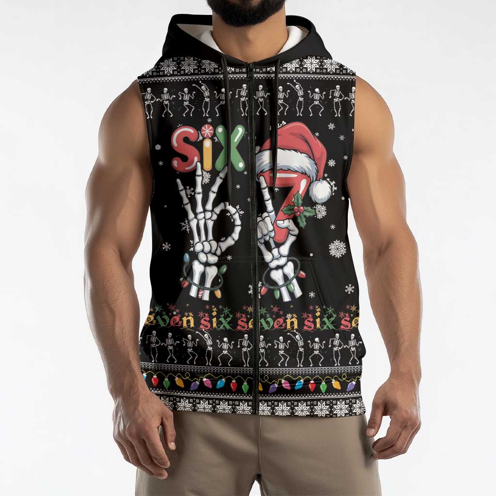 Six Seven Funny Skeleton Fingers Christmas Sleeveless Zip Hoodie Creepy Santa Skeleton Hands - Wonder Print Shop