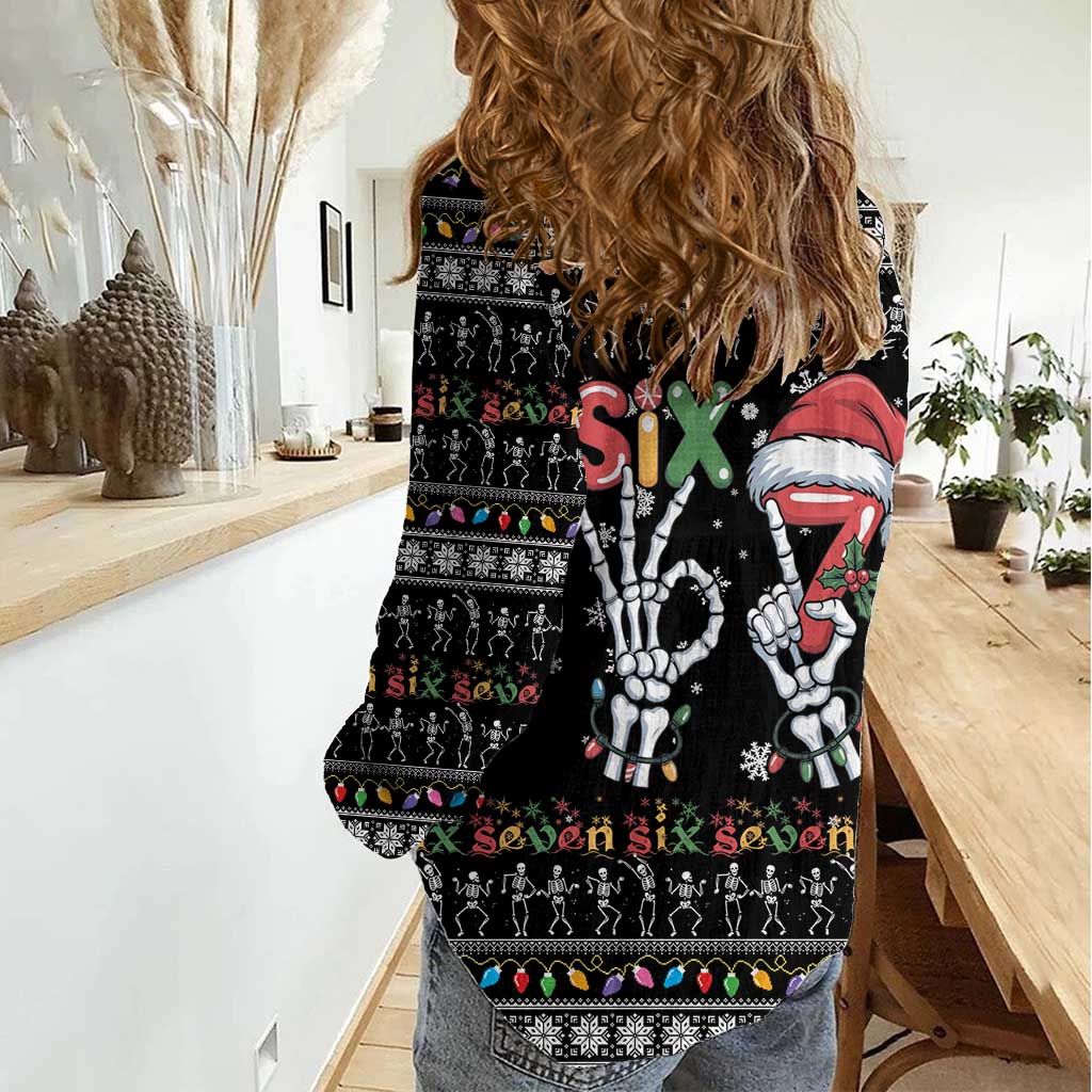 Six Seven Funny Skeleton Fingers Christmas Women Casual Shirt Creepy Santa Skeleton Hands - Wonder Print Shop