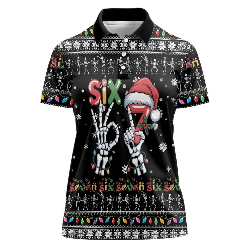 Six Seven Funny Skeleton Fingers Christmas Women Polo Shirt Creepy Santa Skeleton Hands - Wonder Print Shop