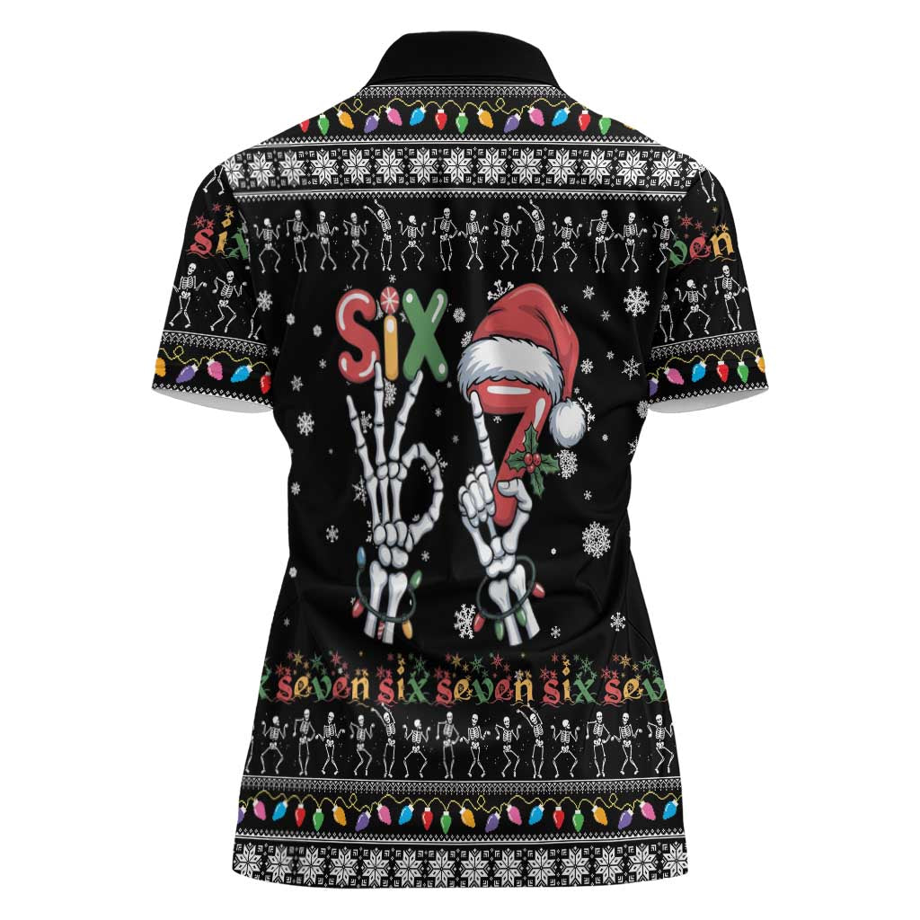 Six Seven Funny Skeleton Fingers Christmas Women Polo Shirt Creepy Santa Skeleton Hands - Wonder Print Shop