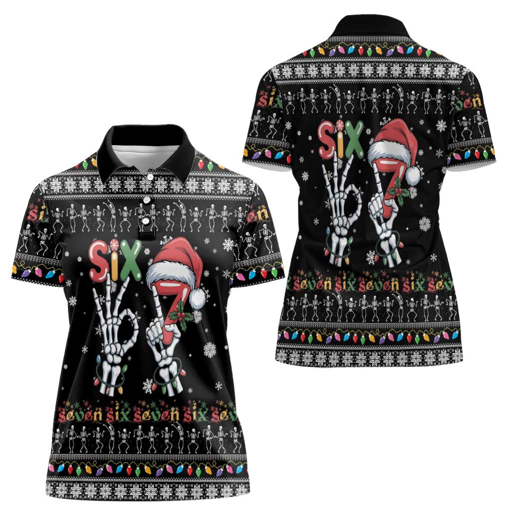 Six Seven Funny Skeleton Fingers Christmas Women Polo Shirt Creepy Santa Skeleton Hands - Wonder Print Shop