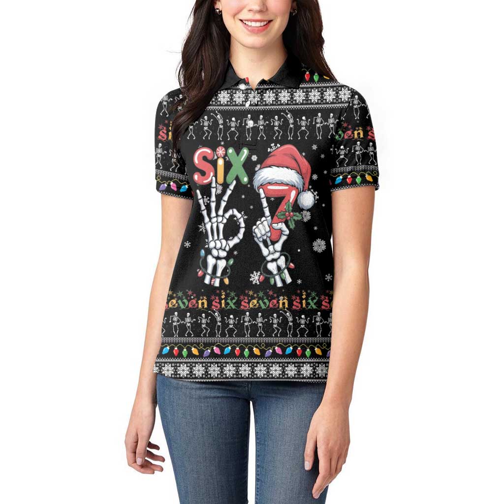 Six Seven Funny Skeleton Fingers Christmas Women Polo Shirt Creepy Santa Skeleton Hands - Wonder Print Shop