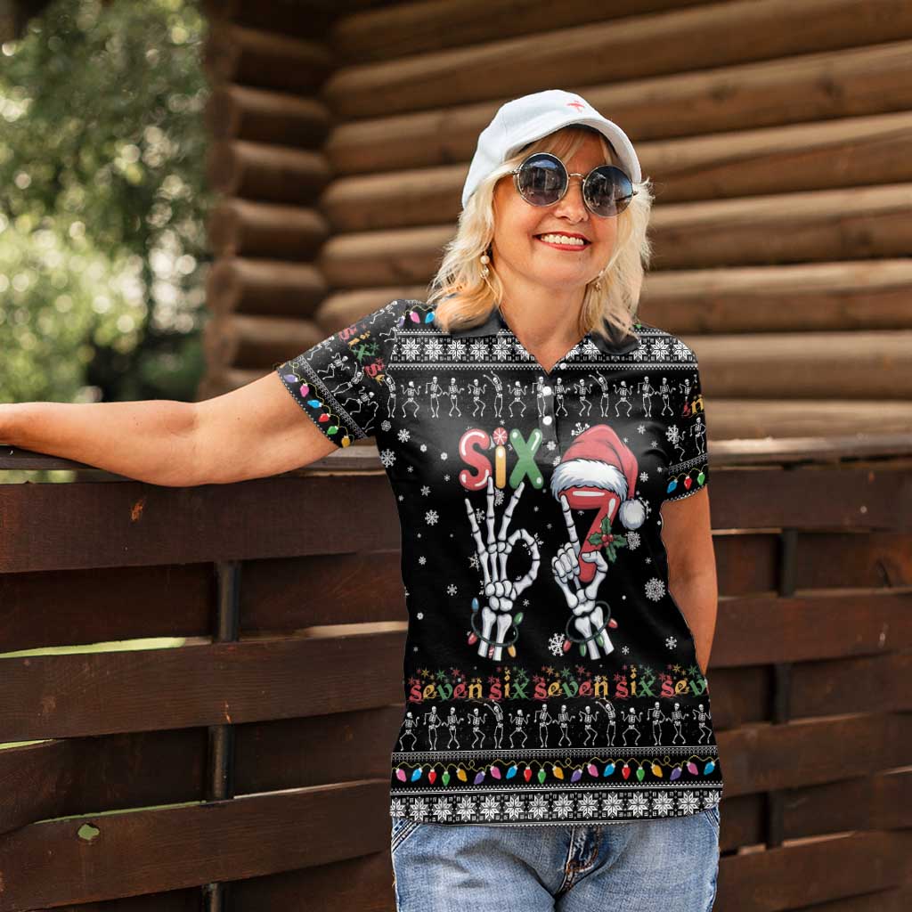 Six Seven Funny Skeleton Fingers Christmas Women Polo Shirt Creepy Santa Skeleton Hands - Wonder Print Shop