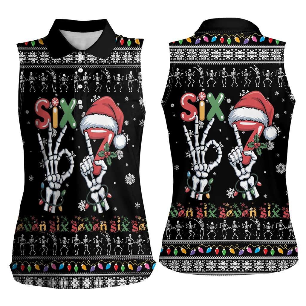 Six Seven Funny Skeleton Fingers Christmas Women Sleeveless Polo Shirt Creepy Santa Skeleton Hands - Wonder Print Shop