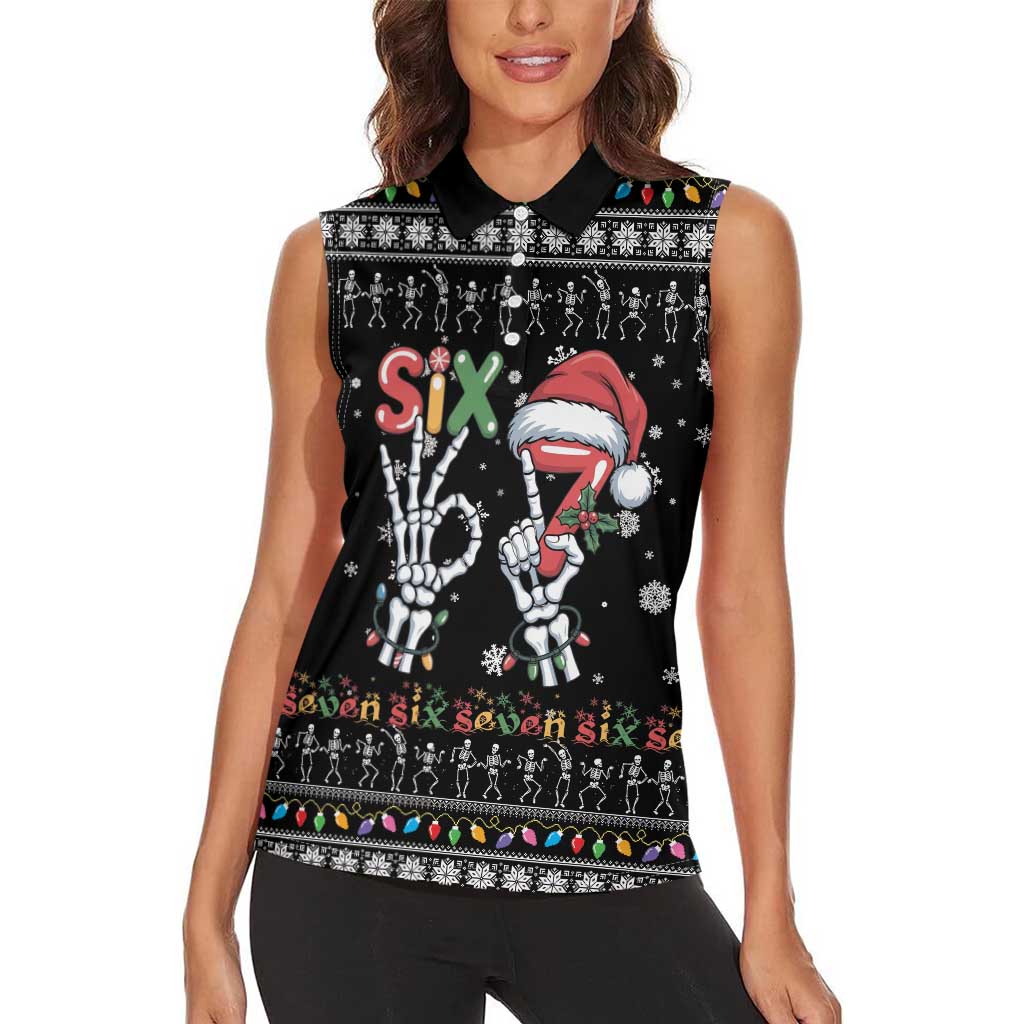 Six Seven Funny Skeleton Fingers Christmas Women Sleeveless Polo Shirt Creepy Santa Skeleton Hands - Wonder Print Shop
