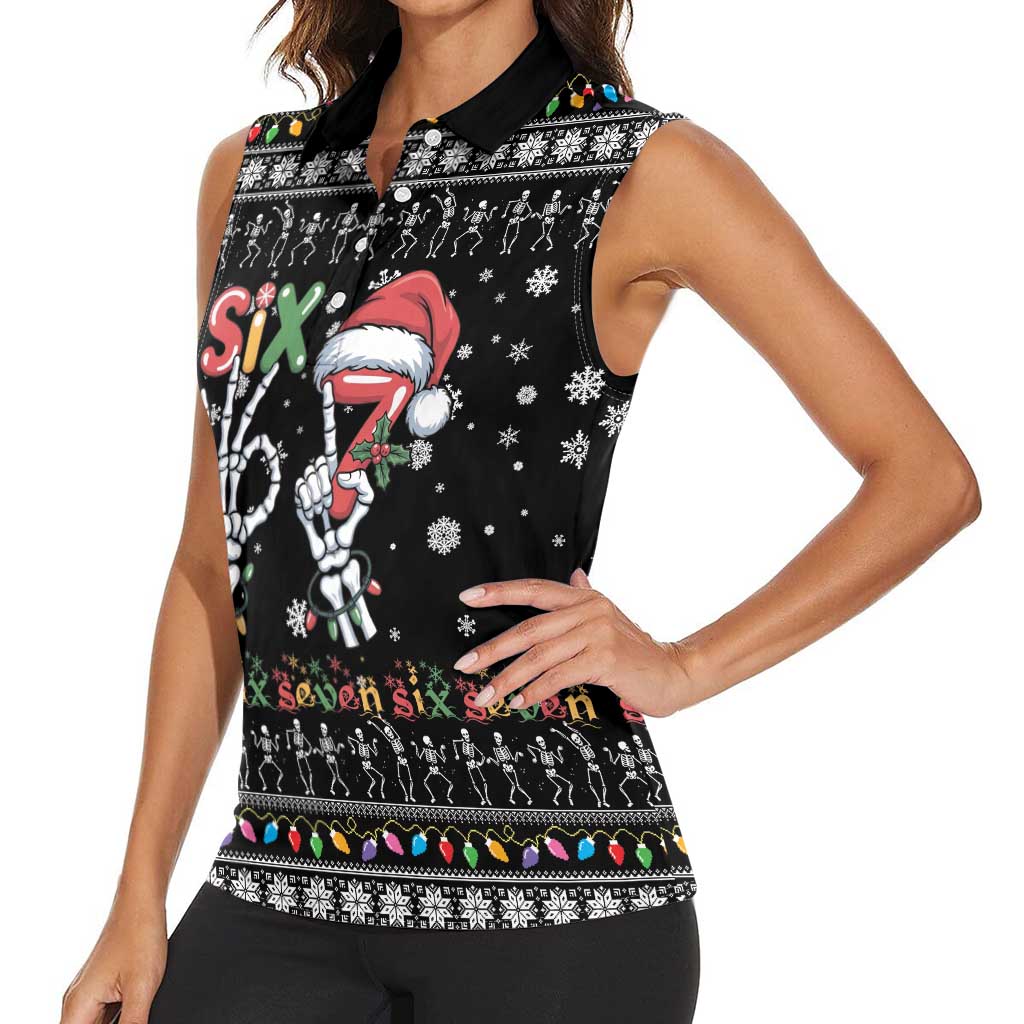 Six Seven Funny Skeleton Fingers Christmas Women Sleeveless Polo Shirt Creepy Santa Skeleton Hands - Wonder Print Shop